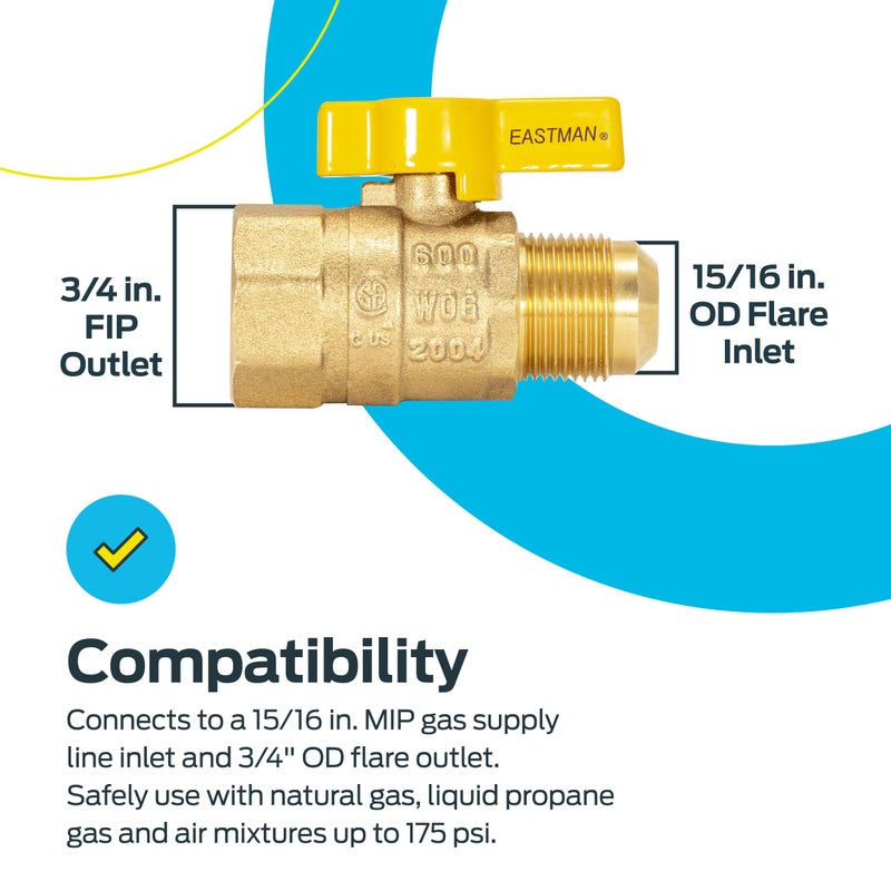 Eastman Straight Gas Brass Ball Valve, 3/4 in FIP x 15/16 in OD Flare Female, 1/4-Turn Handle, 60005 - Image 3